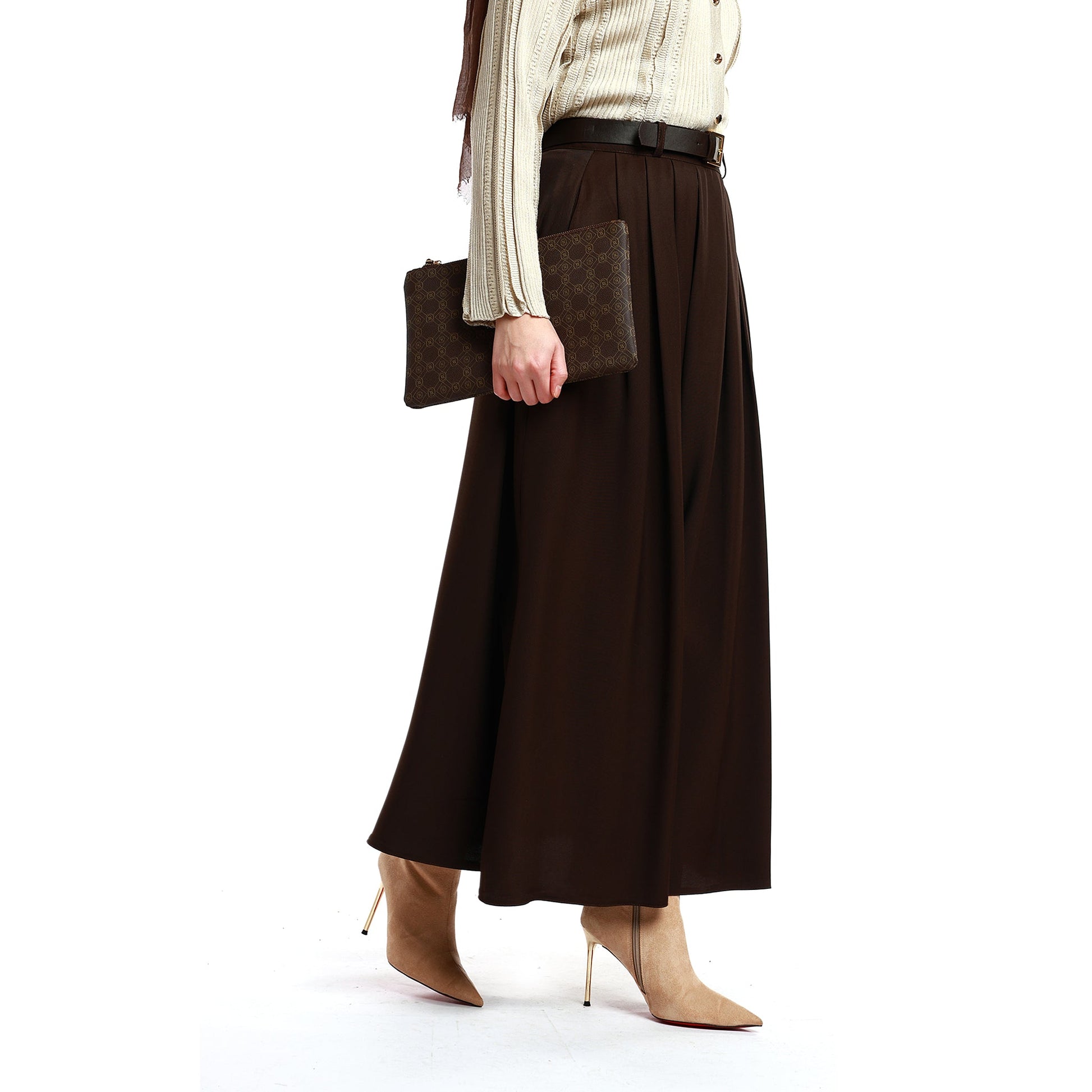 Belted Pleated Tencel Fabric Long Skirt