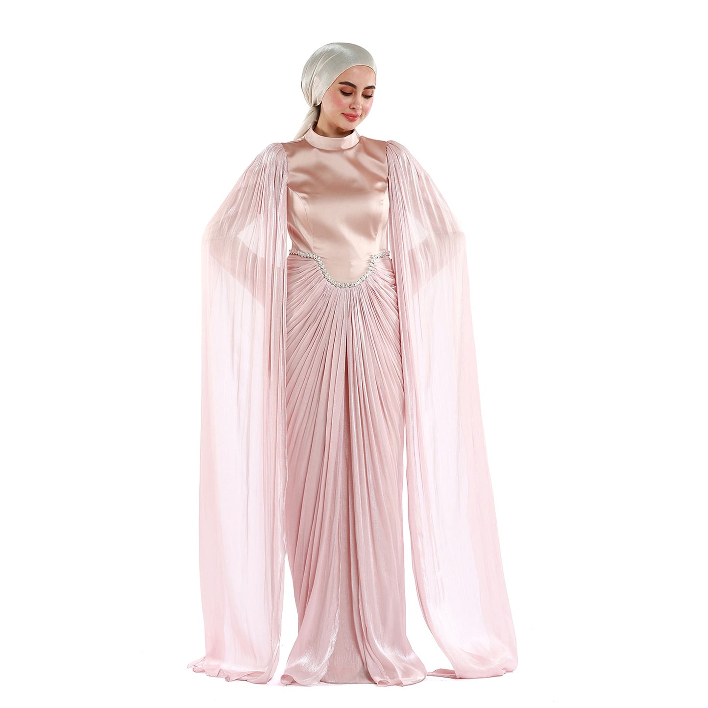 Embellished Waist Cape Sleeve Draped Satin Evening Dress