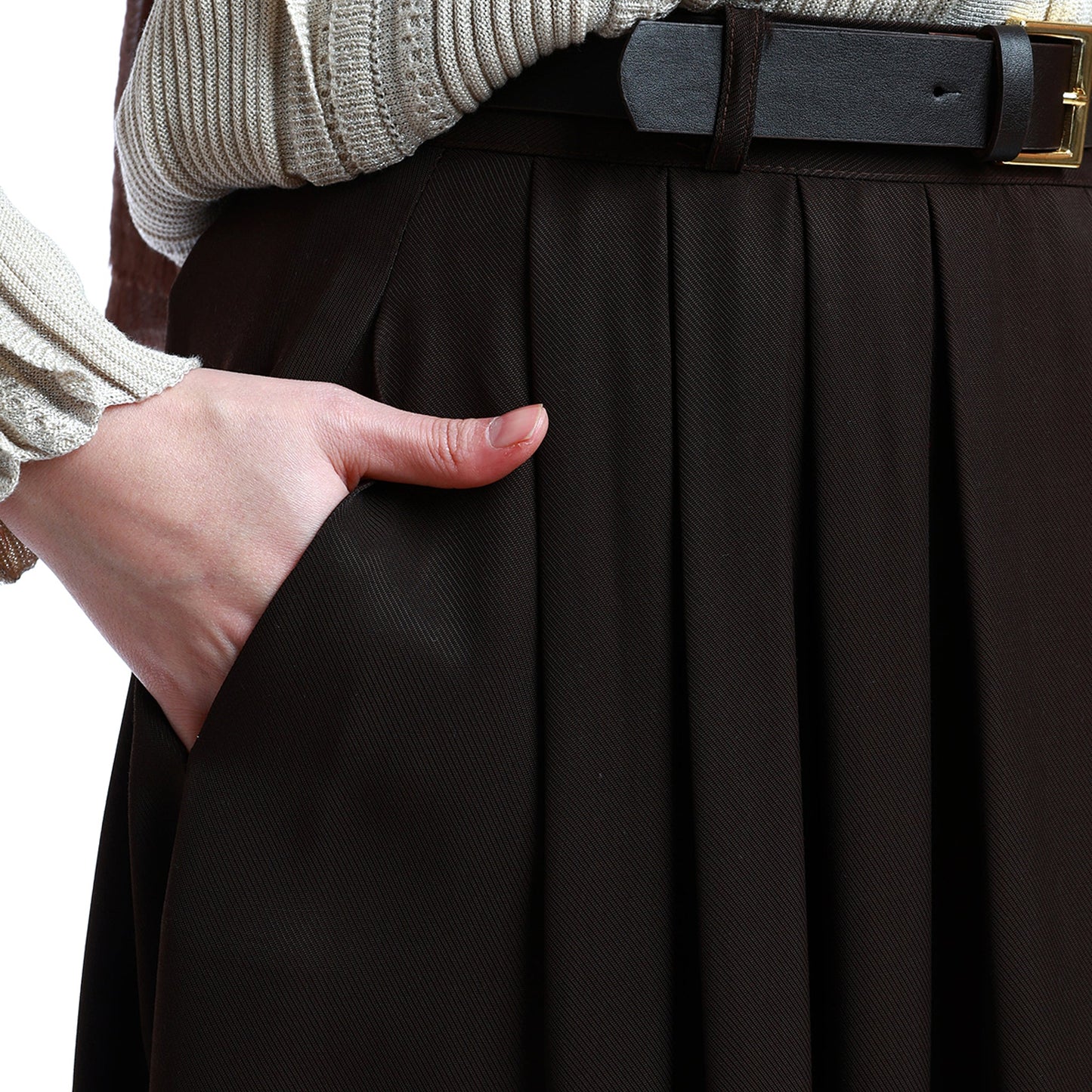 Belted Pleated Tencel Fabric Long Skirt