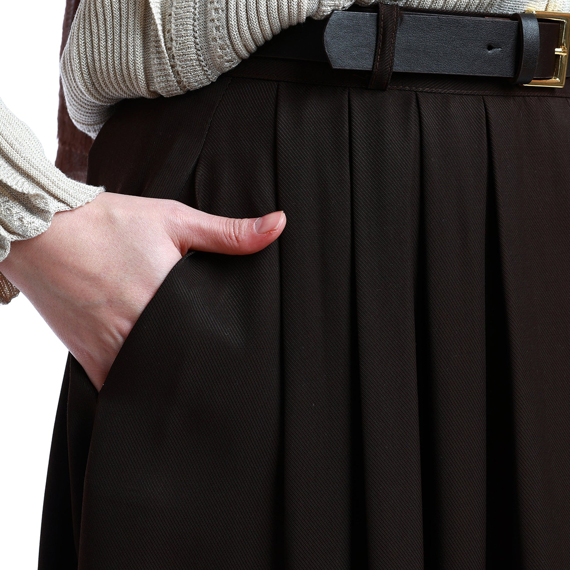 Belted Pleated Tencel Fabric Long Skirt