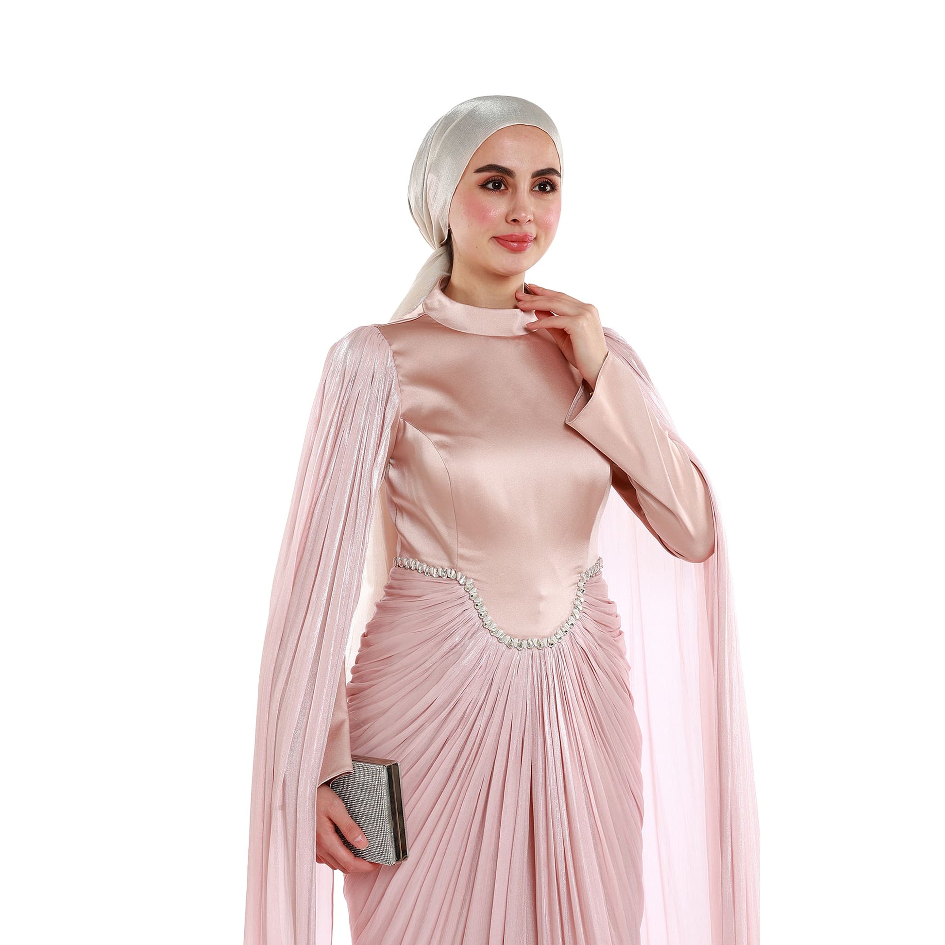 Embellished Waist Cape Sleeve Draped Satin Evening Dress