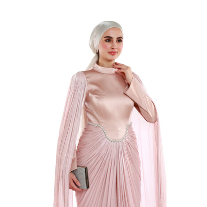 Embellished Waist Cape Sleeve Draped Satin Evening Dress