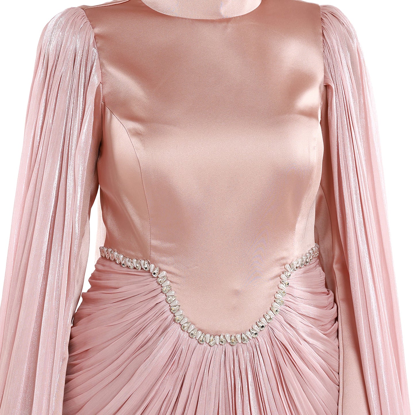 Embellished Waist Cape Sleeve Draped Satin Evening Dress