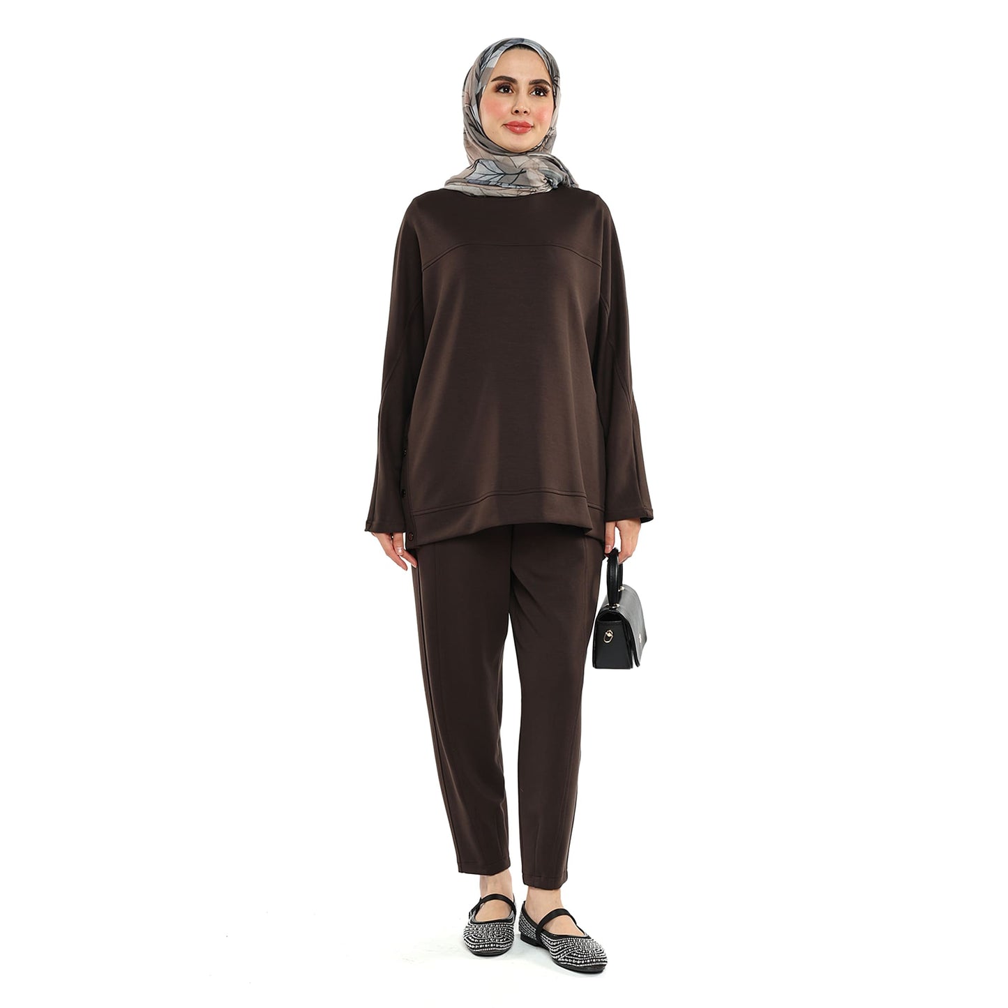 Modal Batwing Sleeve Buttoned Slit Two Piece Set