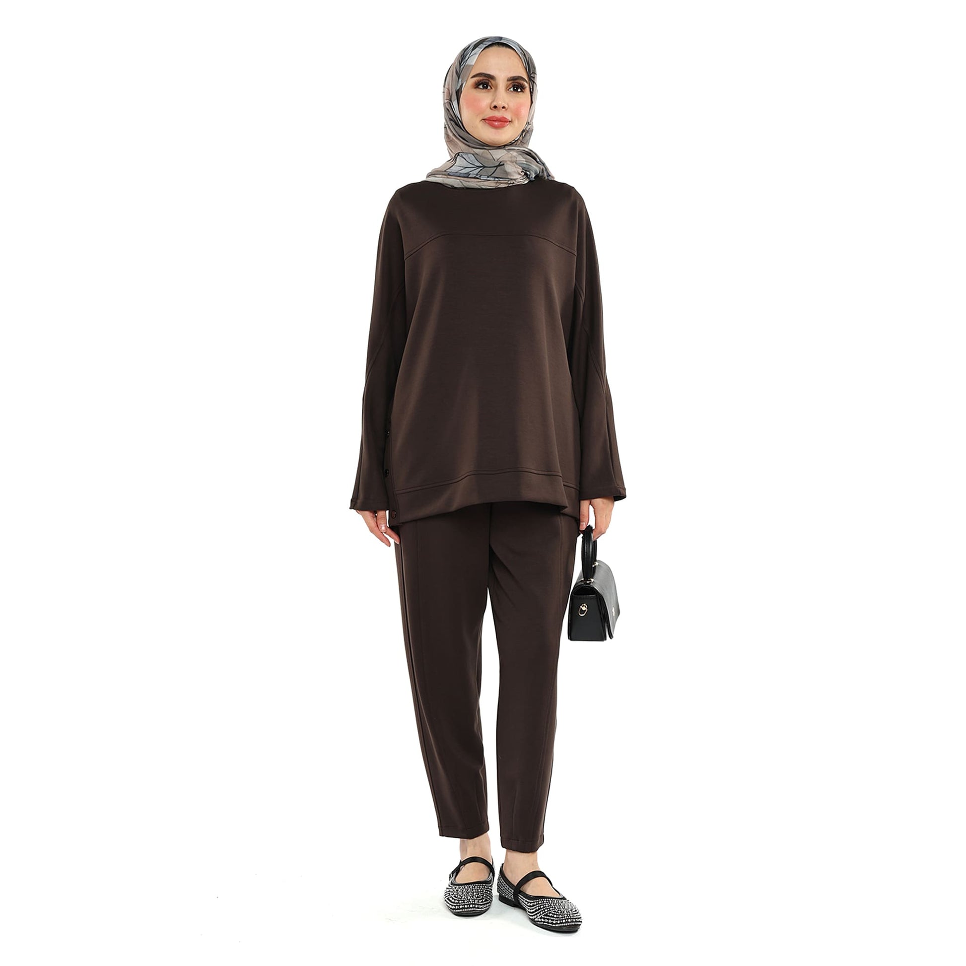 Modal Batwing Sleeve Buttoned Slit Two Piece Set