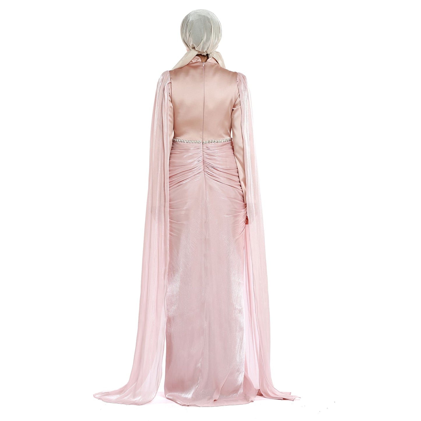 Embellished Waist Cape Sleeve Draped Satin Evening Dress