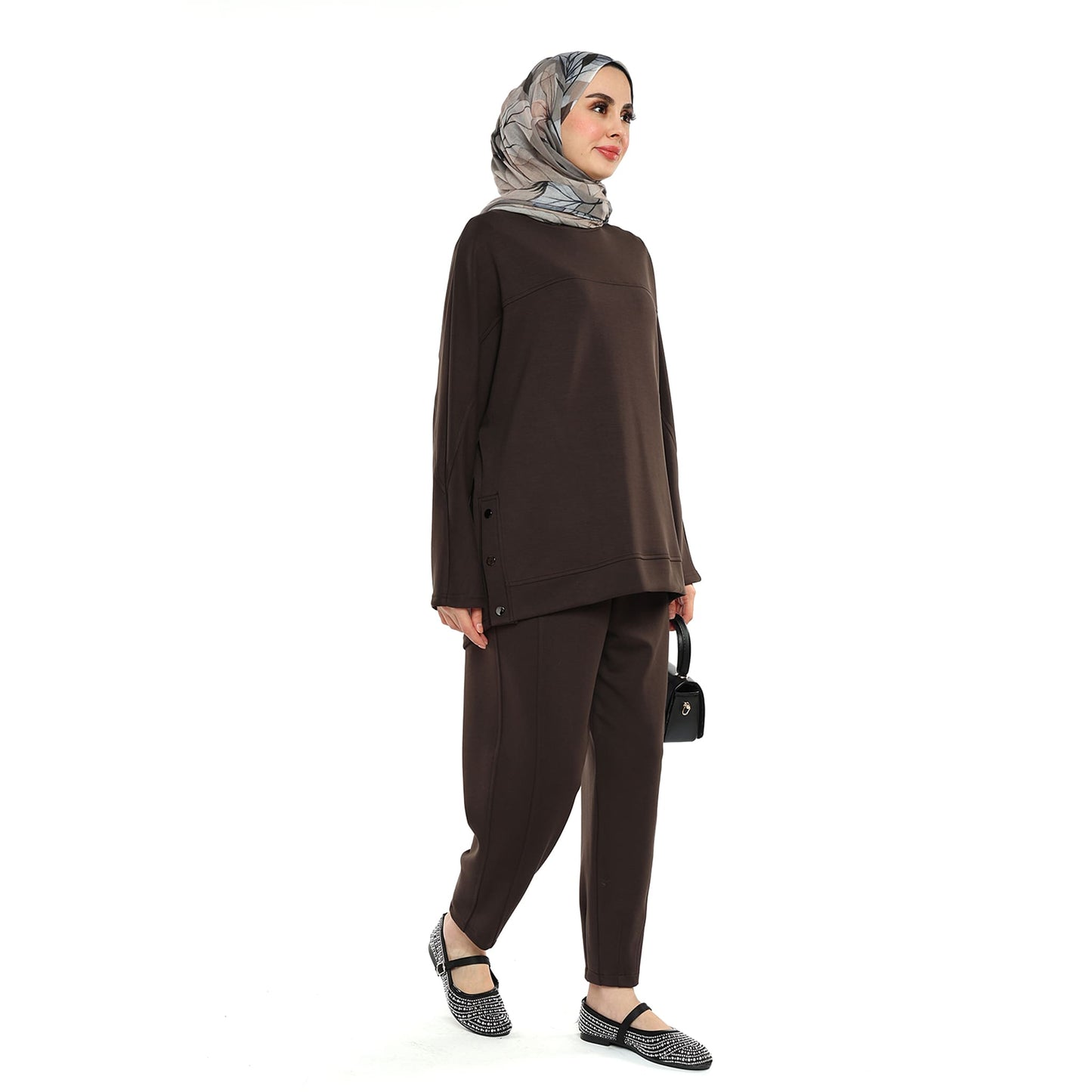 Modal Batwing Sleeve Buttoned Slit Two Piece Set