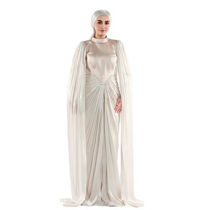 Embellished Waist Cape Sleeve Draped Satin Evening Dress