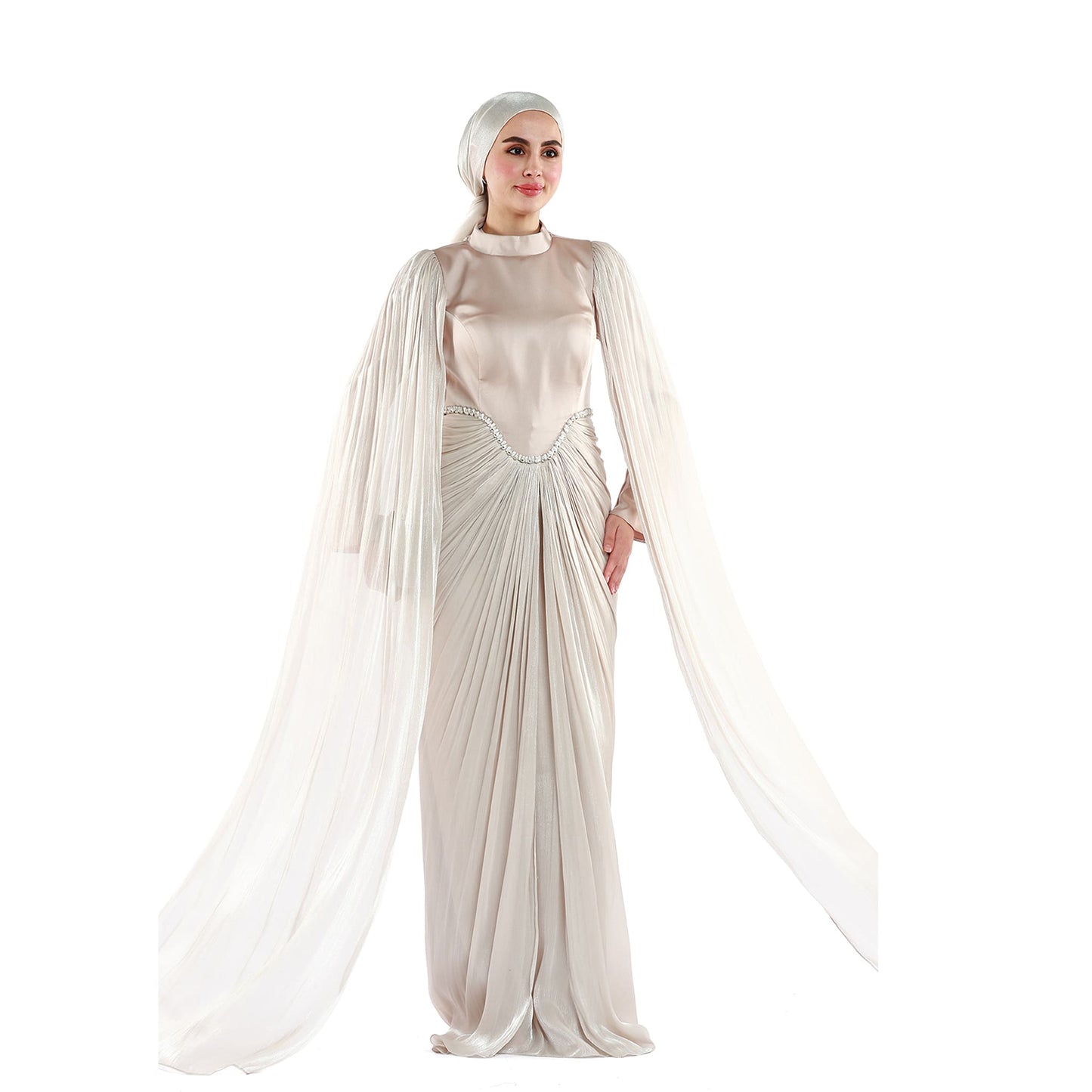 Embellished Waist Cape Sleeve Draped Satin Evening Dress