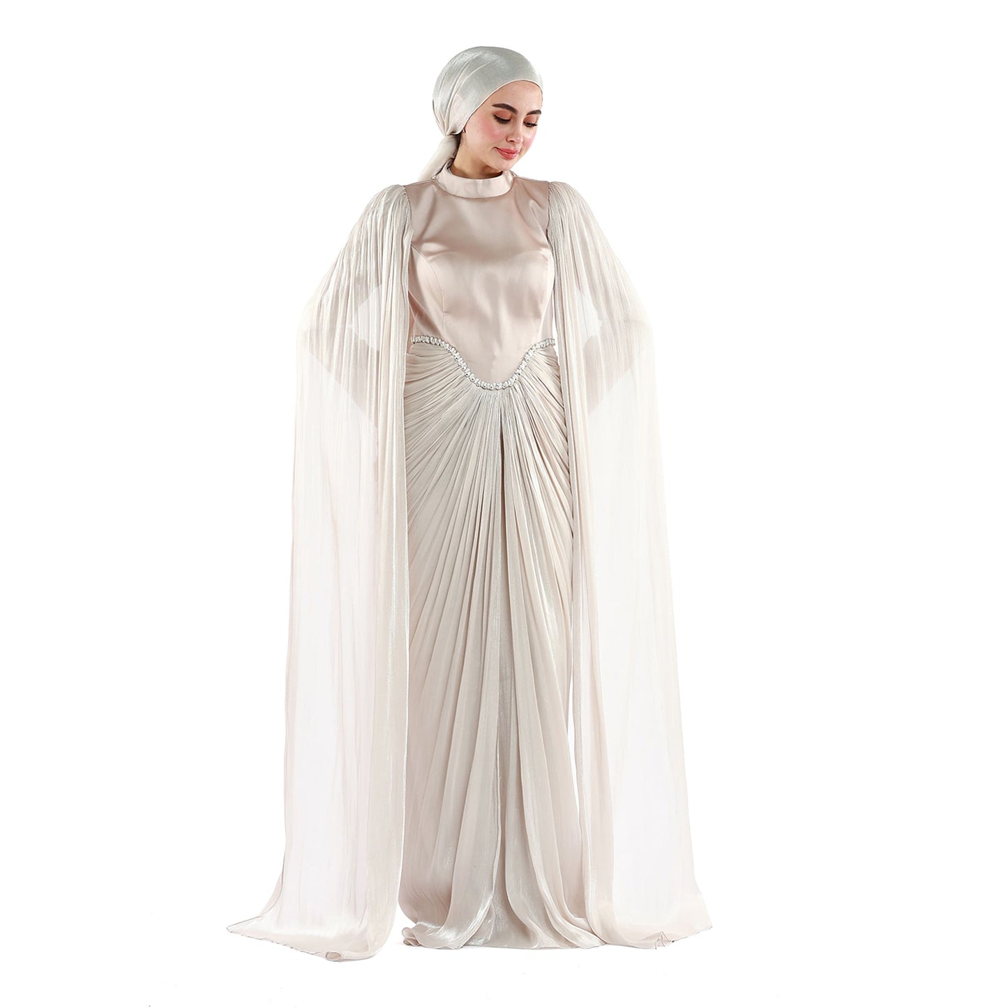 Embellished Waist Cape Sleeve Draped Satin Evening Dress
