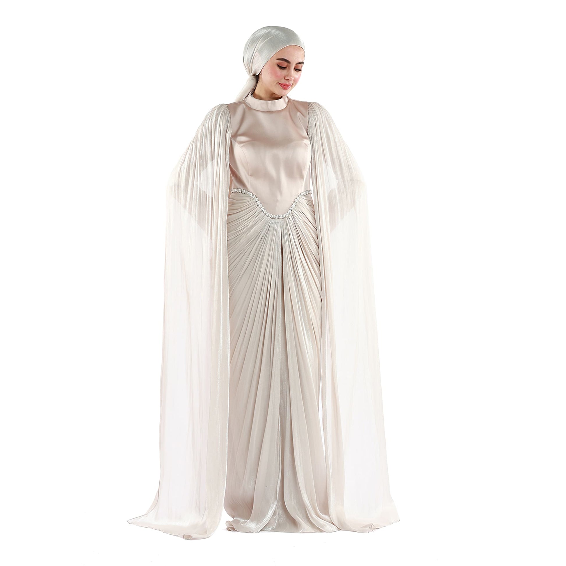 Embellished Waist Cape Sleeve Draped Satin Evening Dress