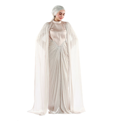 Embellished Waist Cape Sleeve Draped Satin Evening Dress