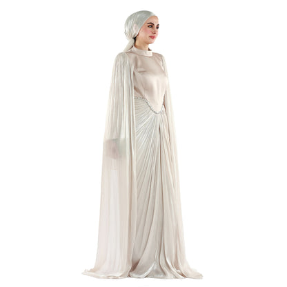 Embellished Waist Cape Sleeve Draped Satin Evening Dress