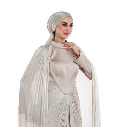 Embellished Waist Cape Sleeve Draped Satin Evening Dress