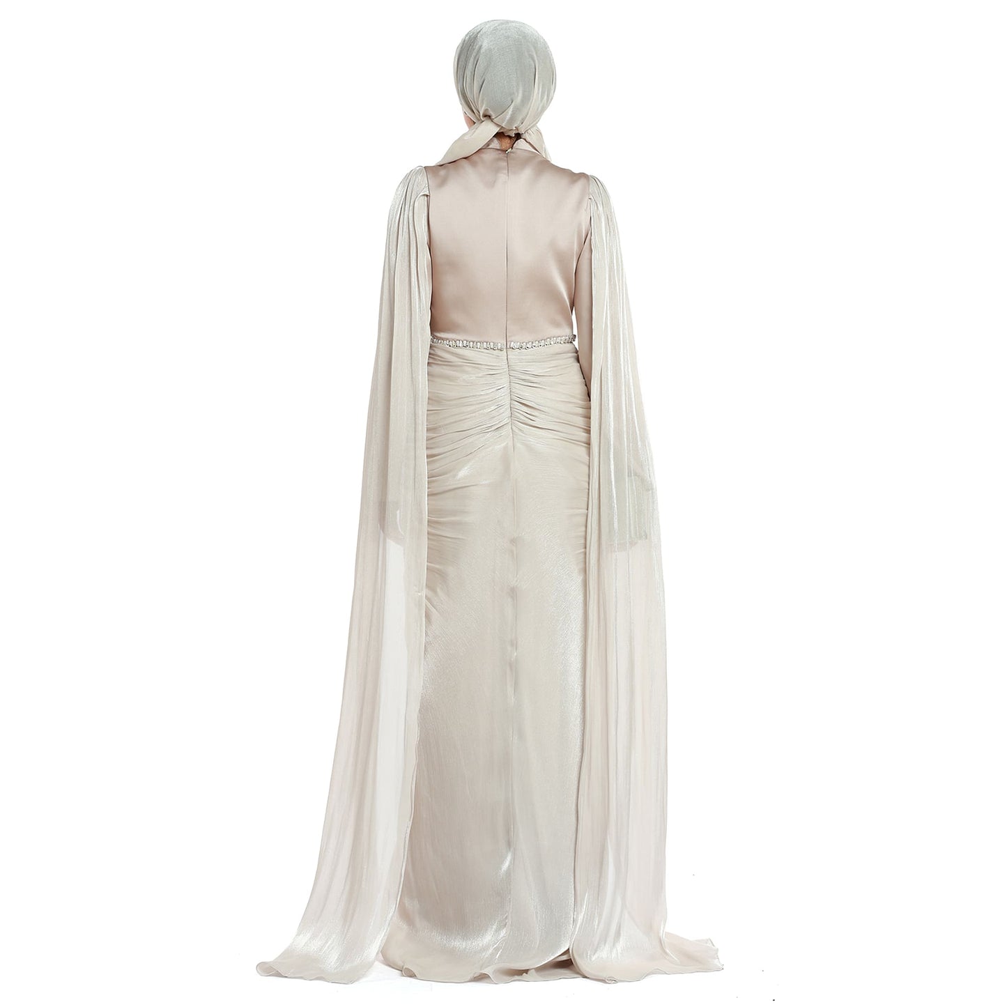Embellished Waist Cape Sleeve Draped Satin Evening Dress