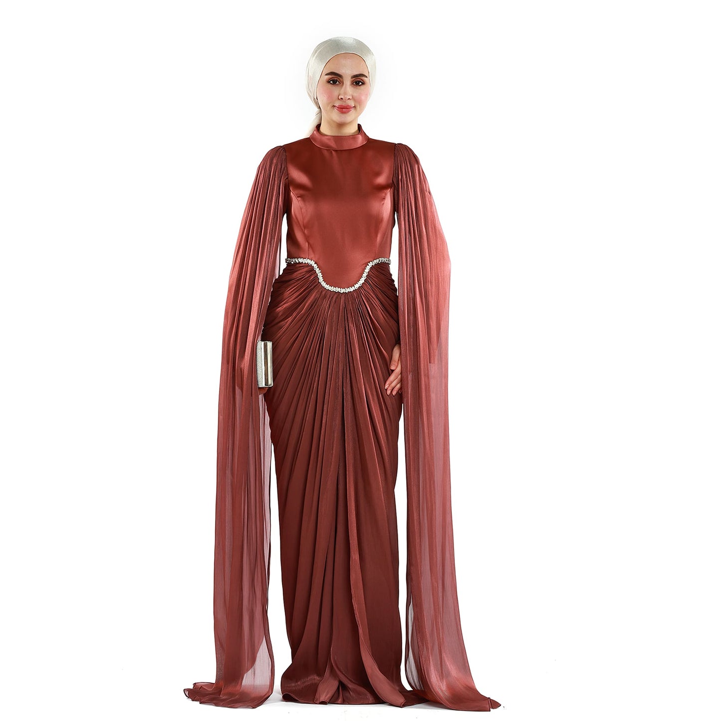 Embellished Waist Cape Sleeve Draped Satin Evening Dress
