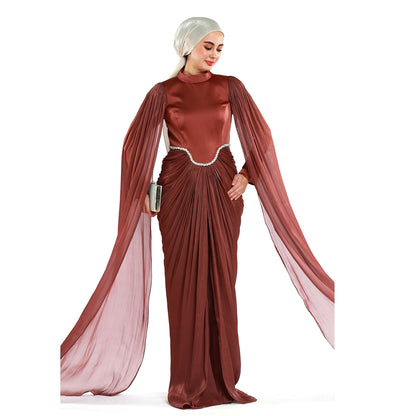 Embellished Waist Cape Sleeve Draped Satin Evening Dress