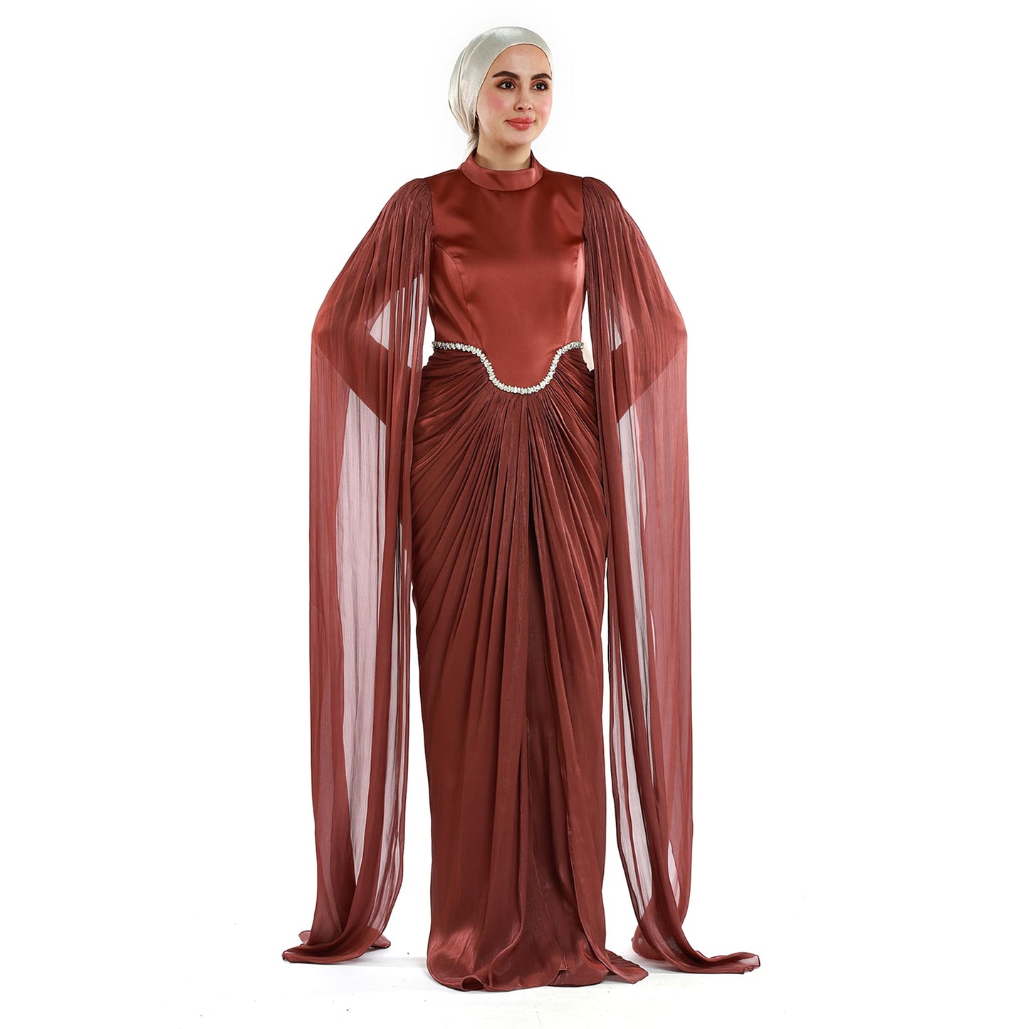 Embellished Waist Cape Sleeve Draped Satin Evening Dress