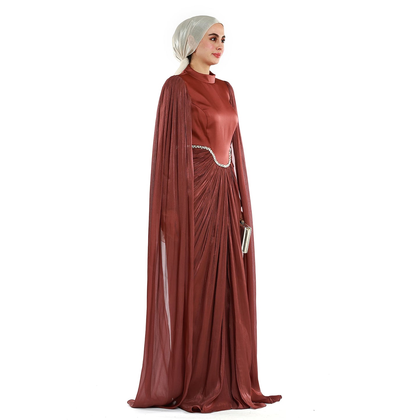 Embellished Waist Cape Sleeve Draped Satin Evening Dress