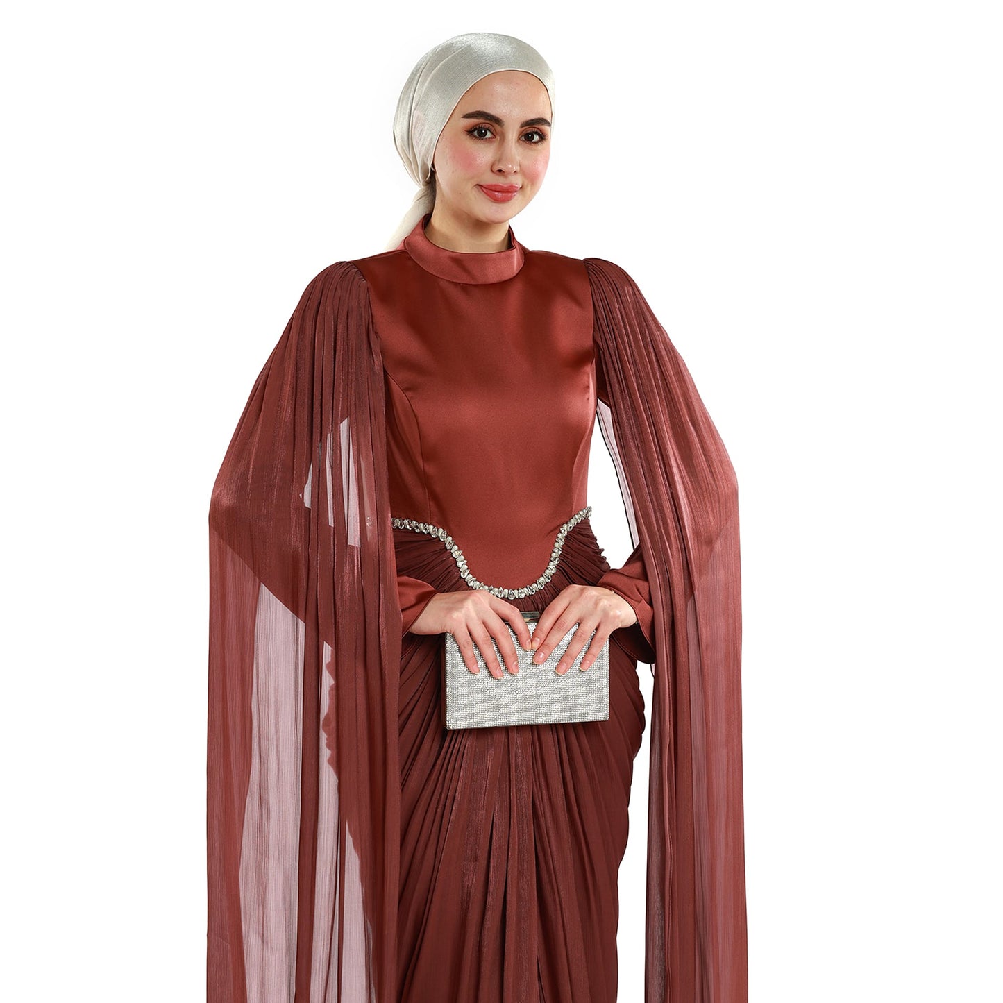 Embellished Waist Cape Sleeve Draped Satin Evening Dress