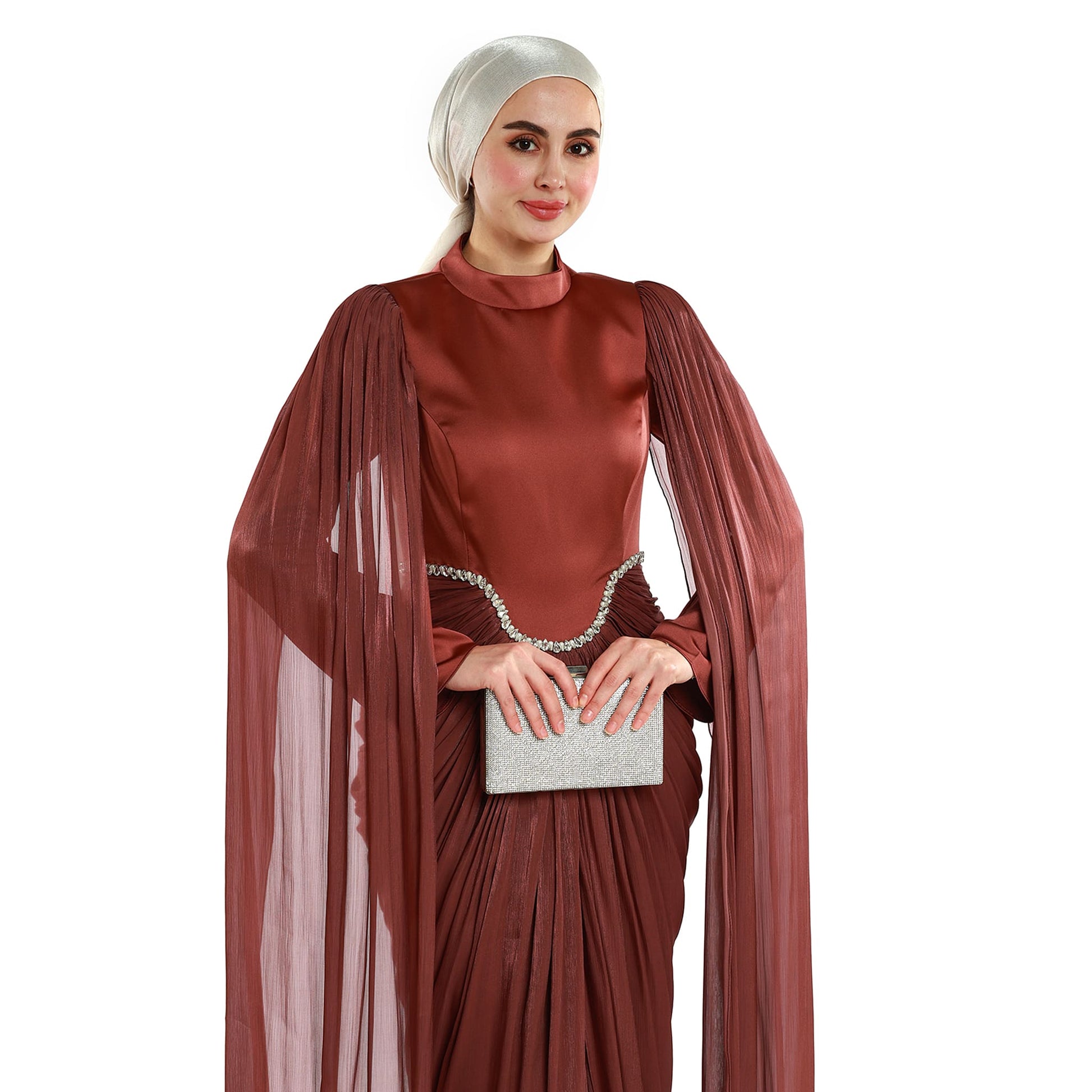 Embellished Waist Cape Sleeve Draped Satin Evening Dress