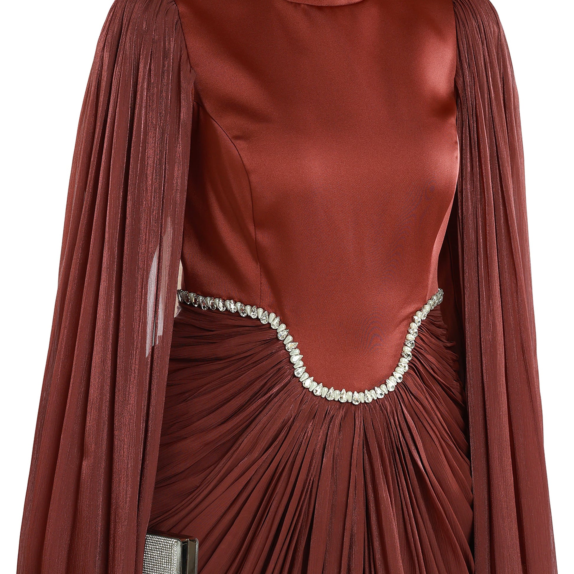 Embellished Waist Cape Sleeve Draped Satin Evening Dress