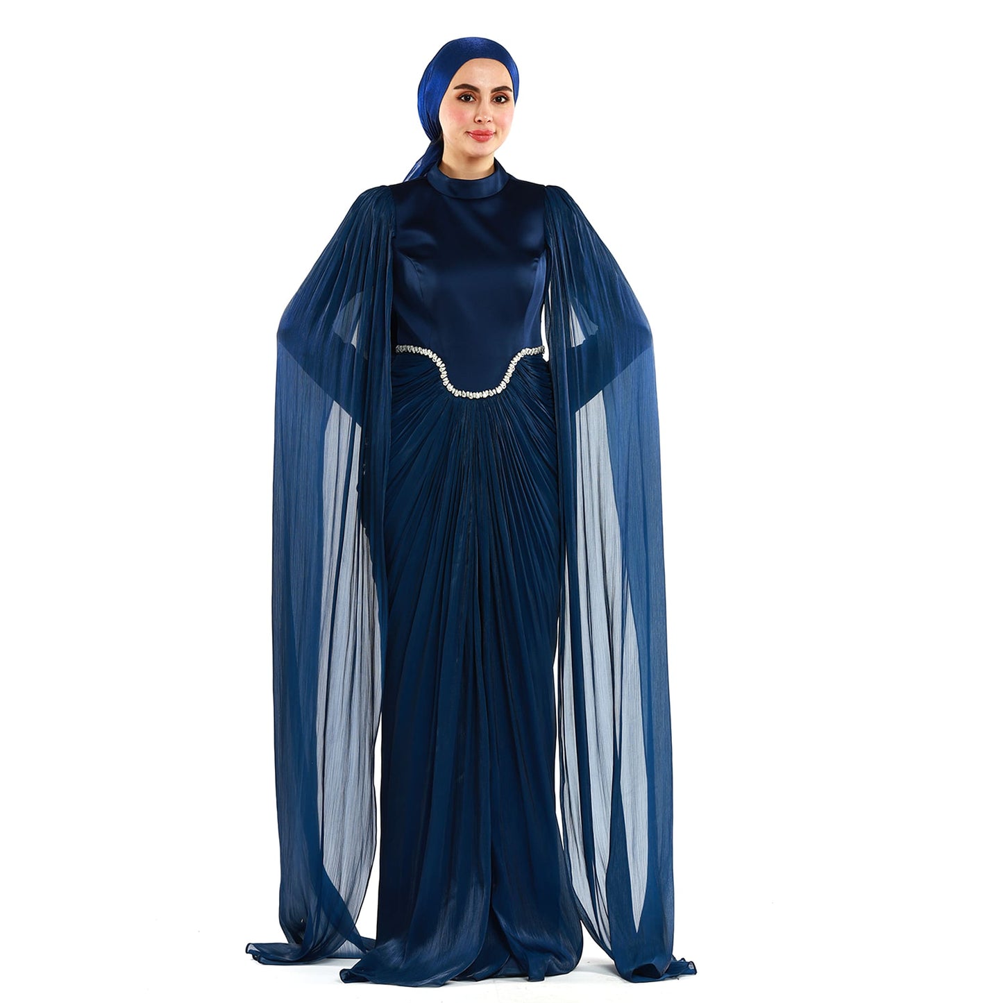 Embellished Waist Cape Sleeve Draped Satin Evening Dress