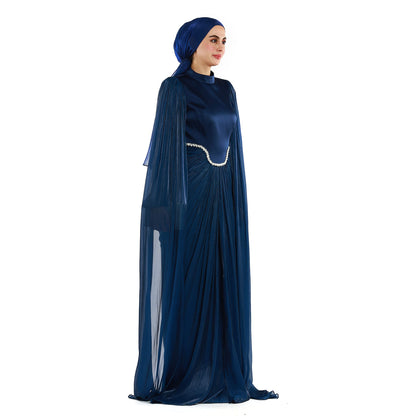 Embellished Waist Cape Sleeve Draped Satin Evening Dress