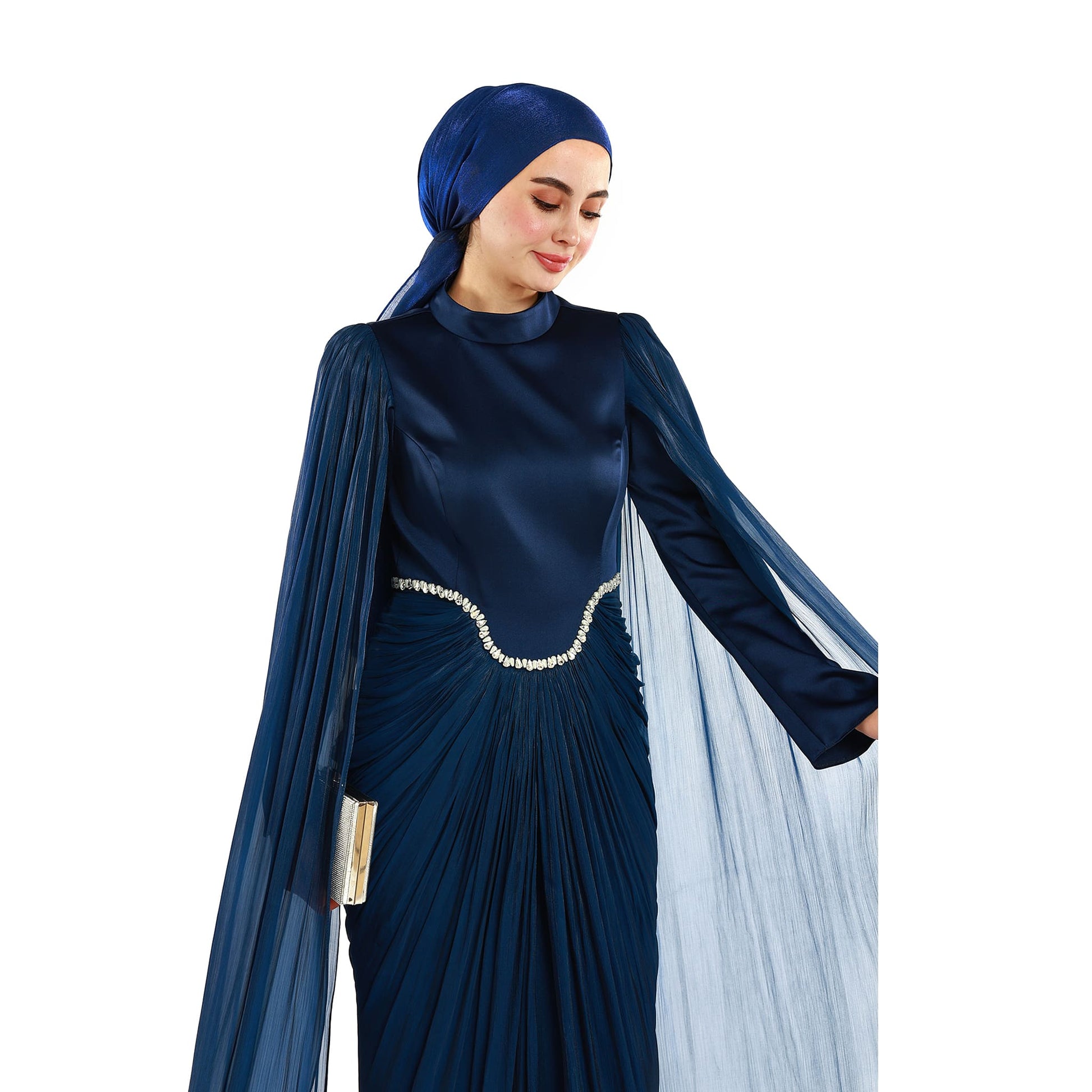 Embellished Waist Cape Sleeve Draped Satin Evening Dress