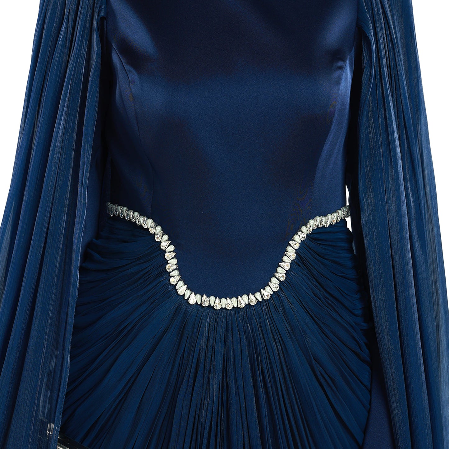 Embellished Waist Cape Sleeve Draped Satin Evening Dress