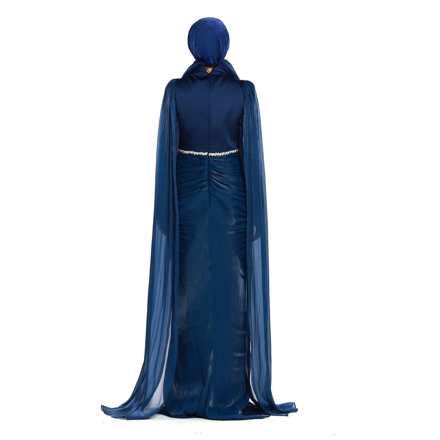 Embellished Waist Cape Sleeve Draped Satin Evening Dress