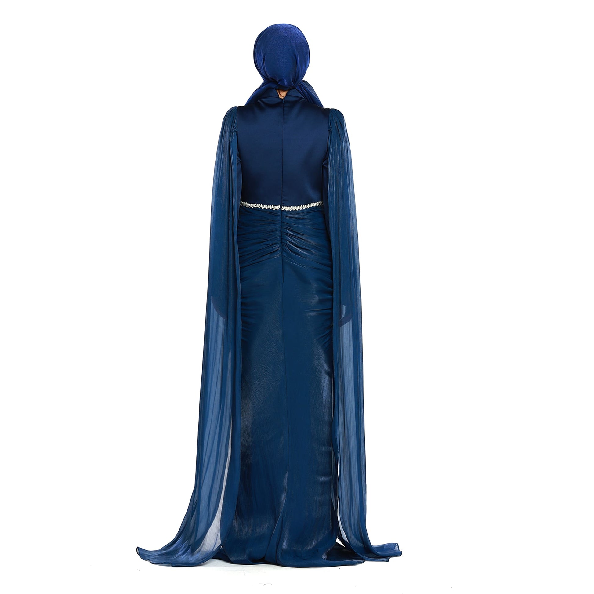 Embellished Waist Cape Sleeve Draped Satin Evening Dress