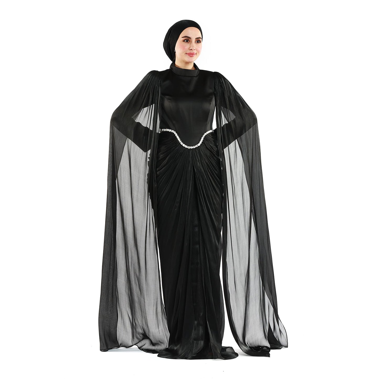 Embellished Waist Cape Sleeve Draped Satin Evening Dress