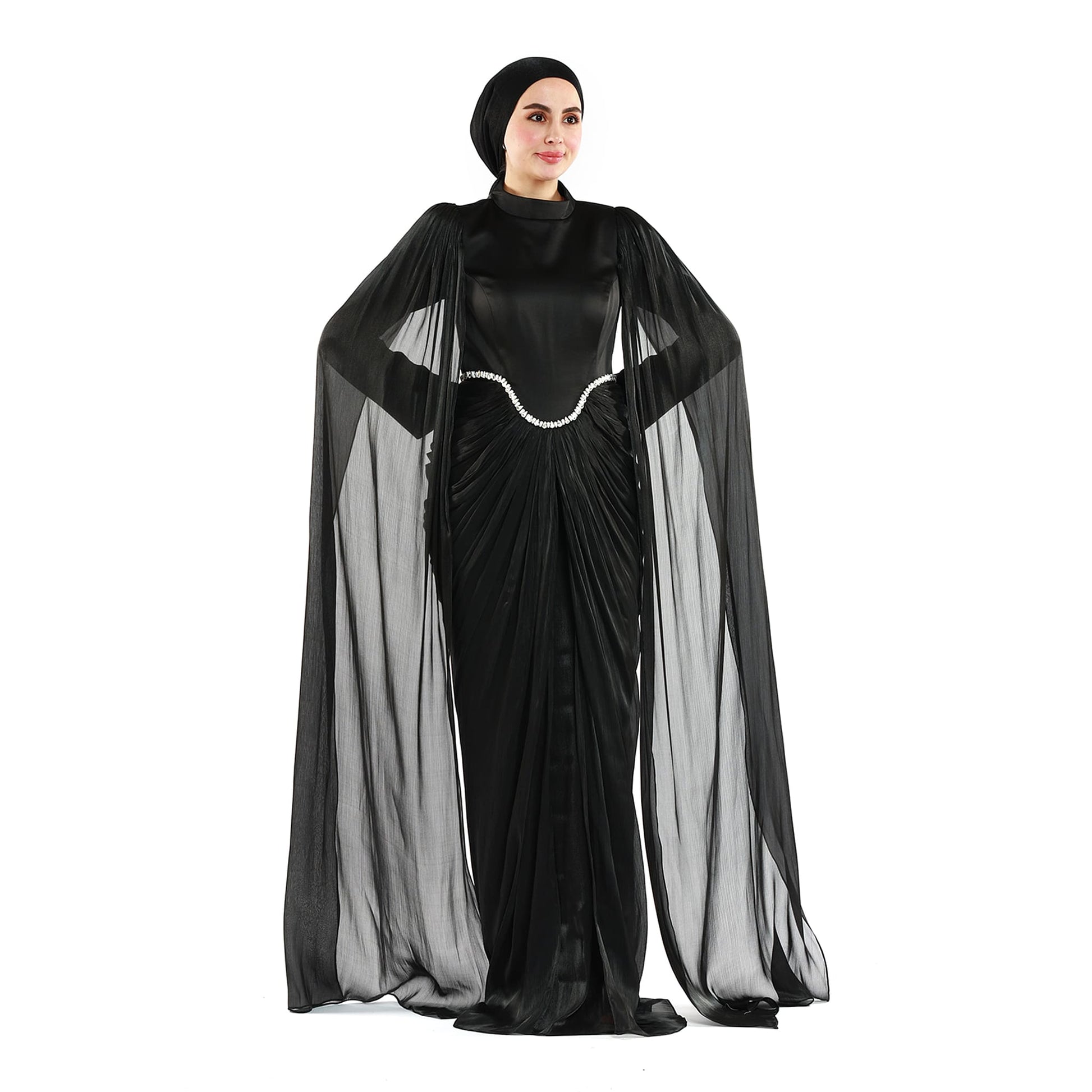 Embellished Waist Cape Sleeve Draped Satin Evening Dress