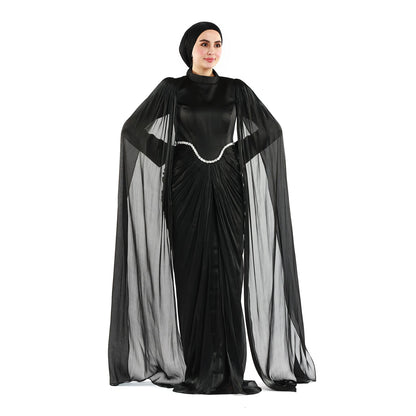Embellished Waist Cape Sleeve Draped Satin Evening Dress