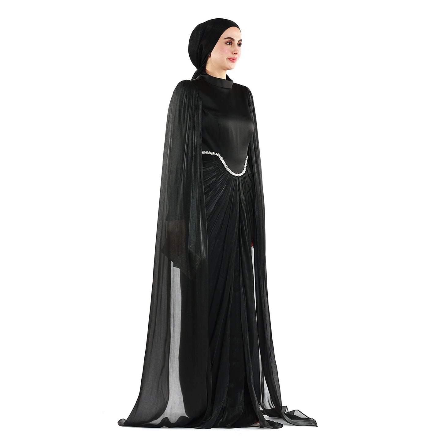 Embellished Waist Cape Sleeve Draped Satin Evening Dress