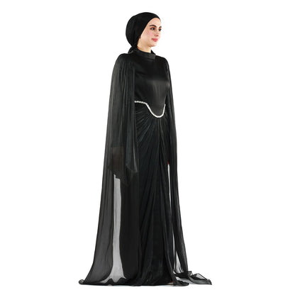 Embellished Waist Cape Sleeve Draped Satin Evening Dress