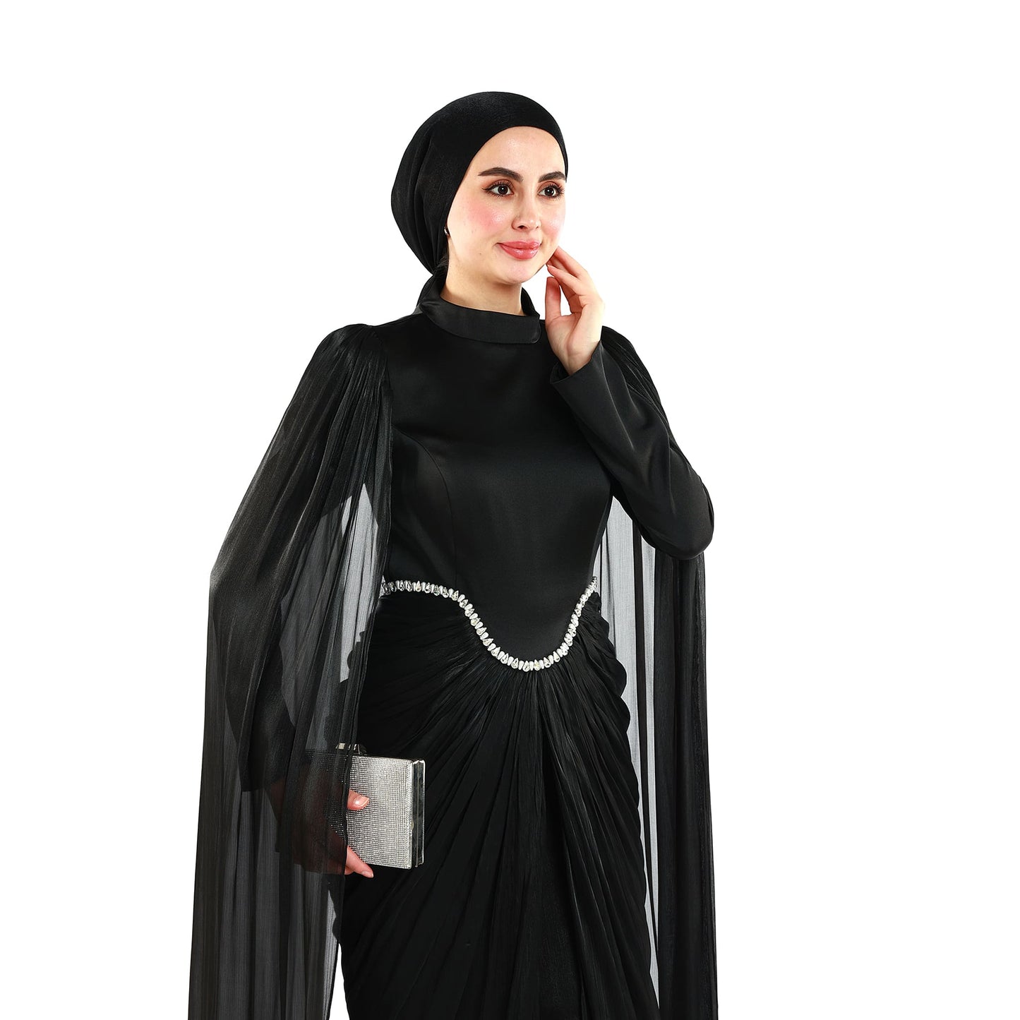 Embellished Waist Cape Sleeve Draped Satin Evening Dress