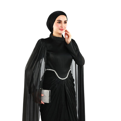 Embellished Waist Cape Sleeve Draped Satin Evening Dress