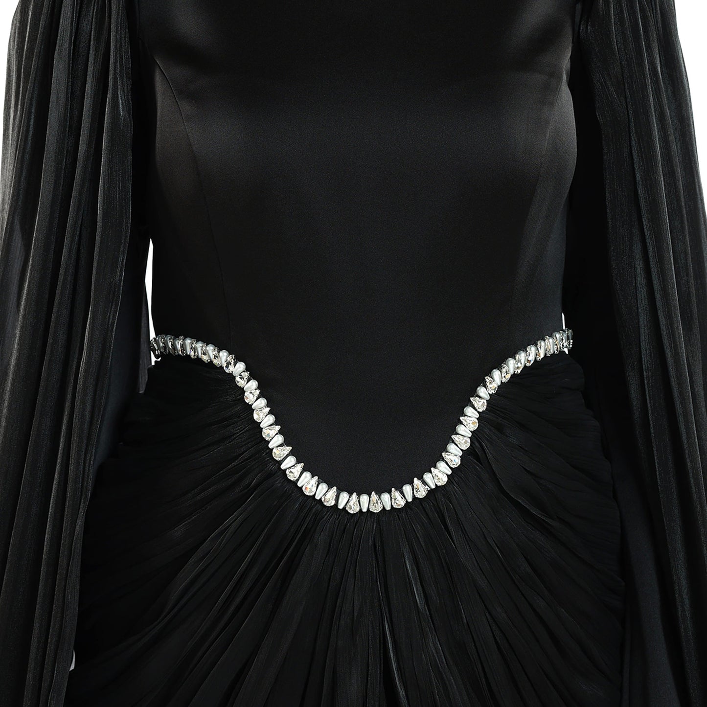 Embellished Waist Cape Sleeve Draped Satin Evening Dress
