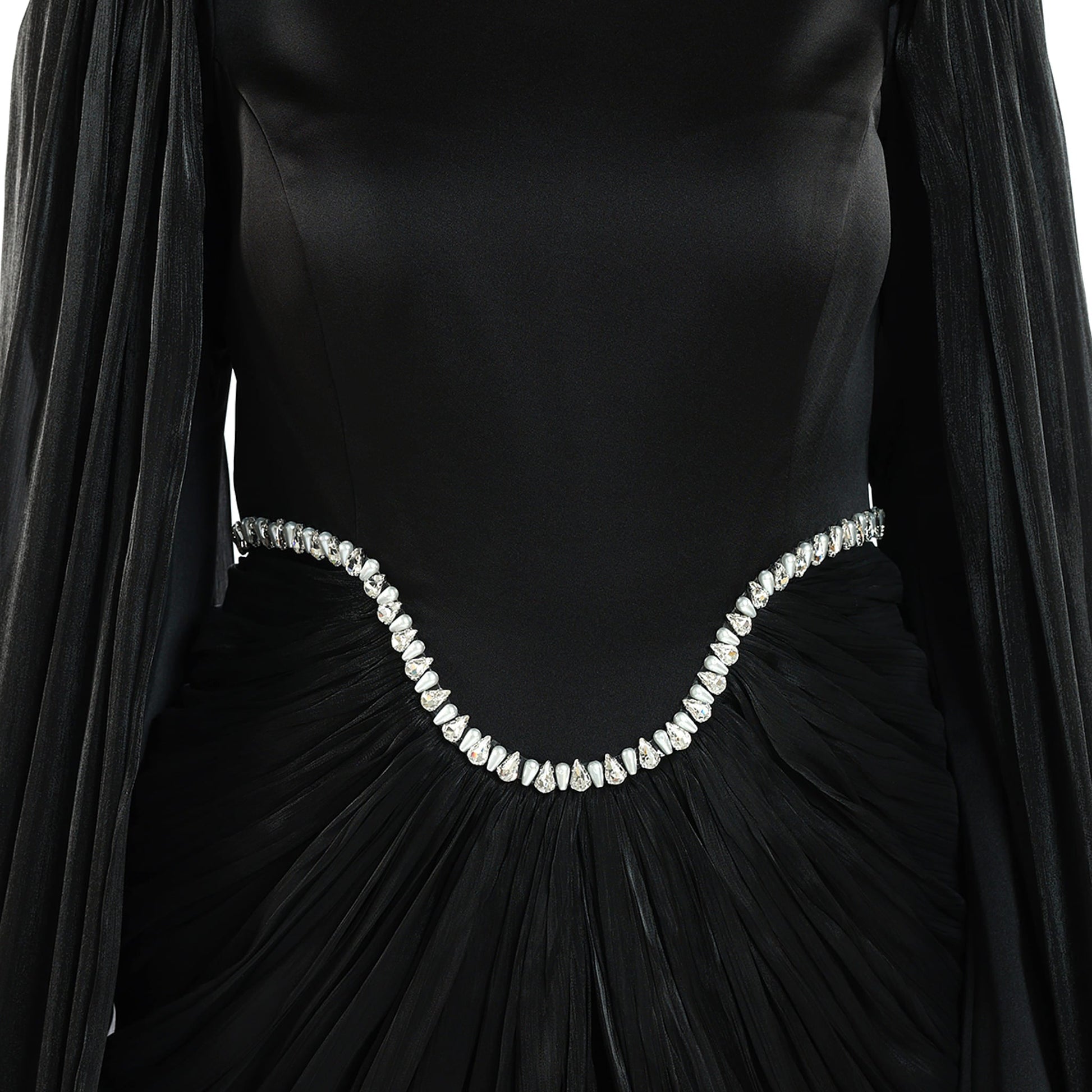 Embellished Waist Cape Sleeve Draped Satin Evening Dress