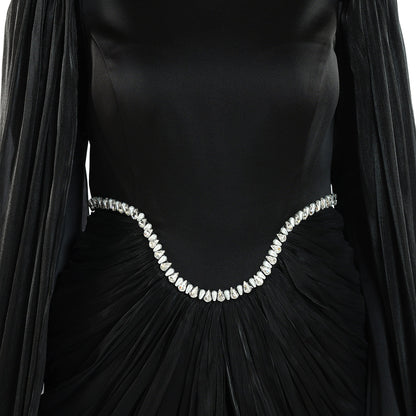 Embellished Waist Cape Sleeve Draped Satin Evening Dress