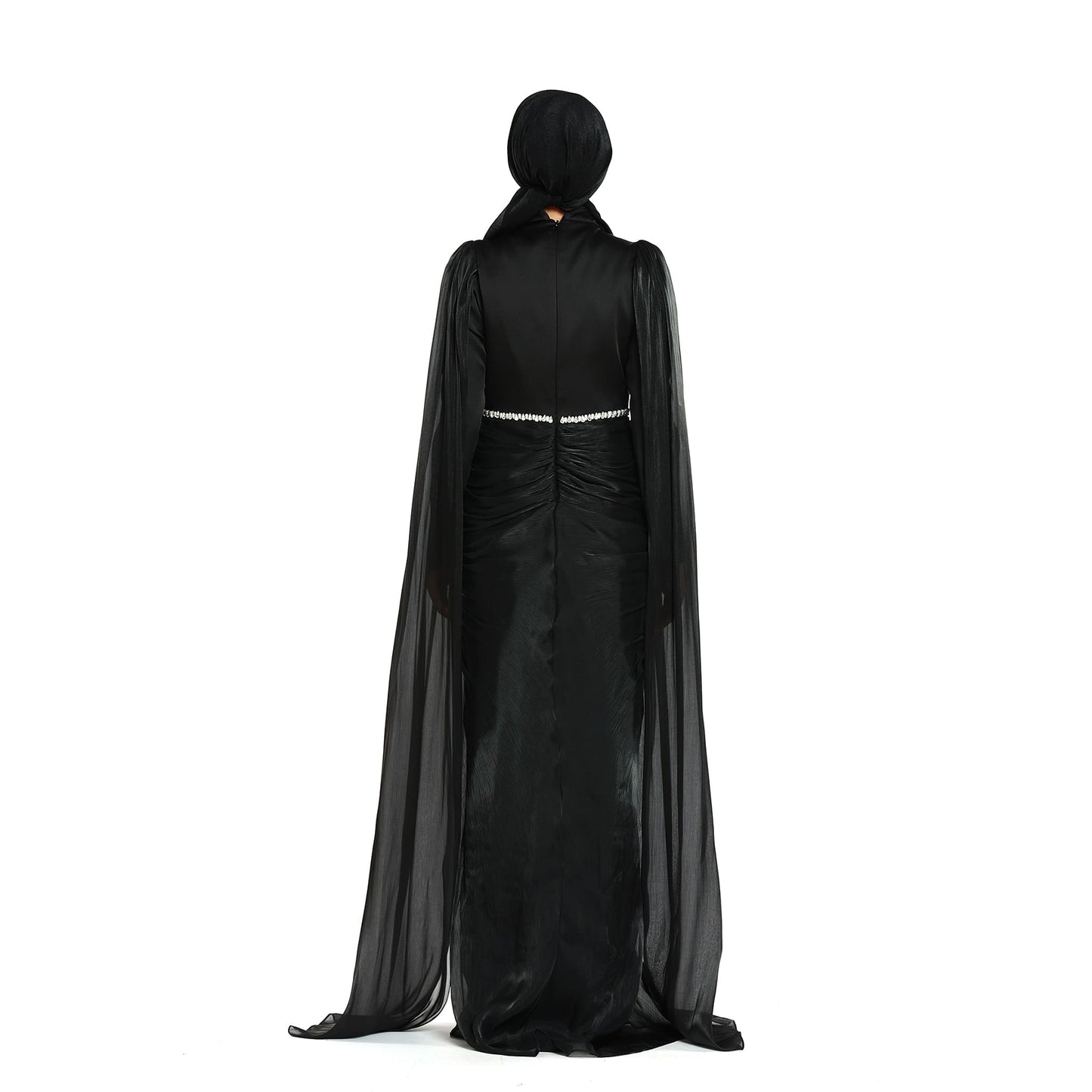 Embellished Waist Cape Sleeve Draped Satin Evening Dress