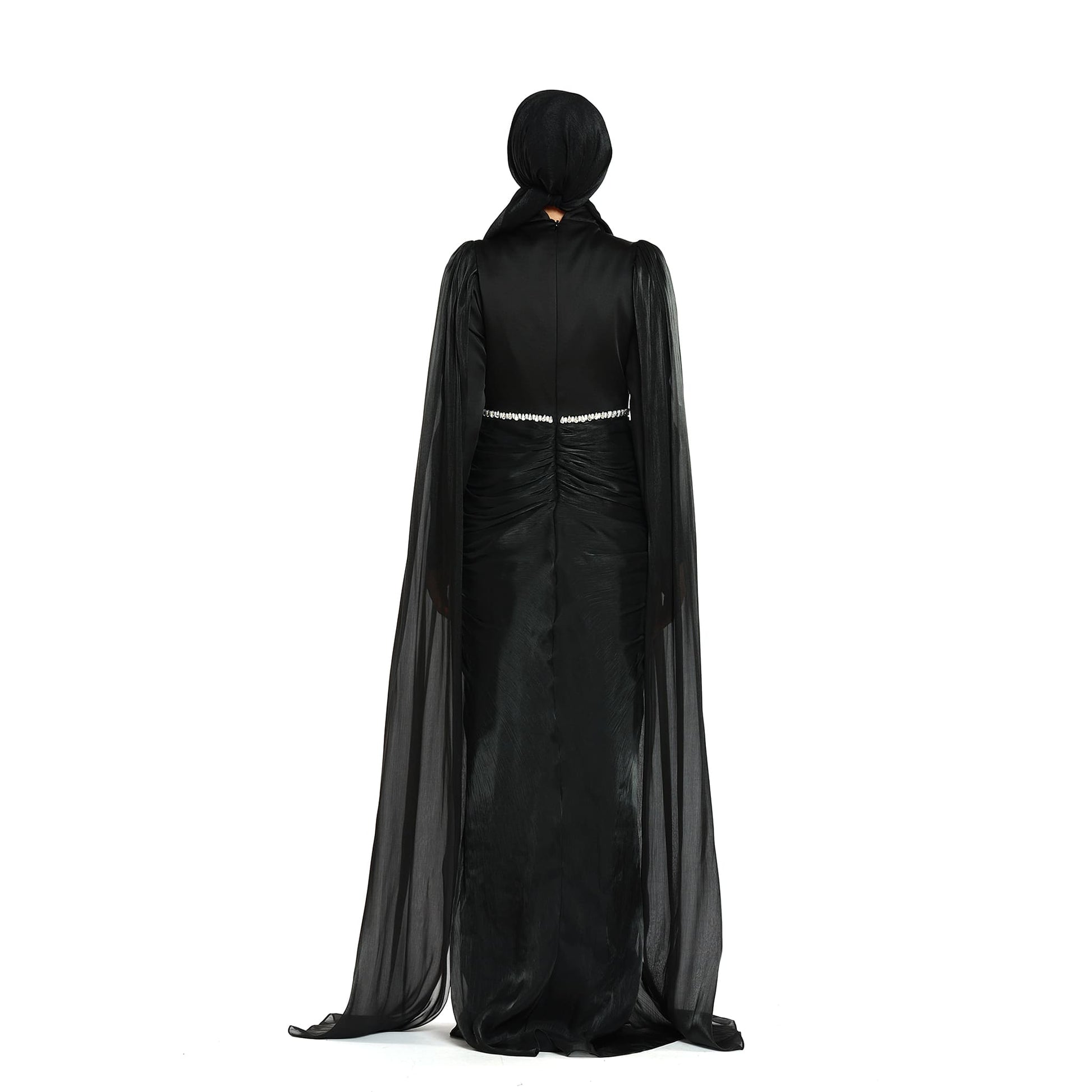 Embellished Waist Cape Sleeve Draped Satin Evening Dress