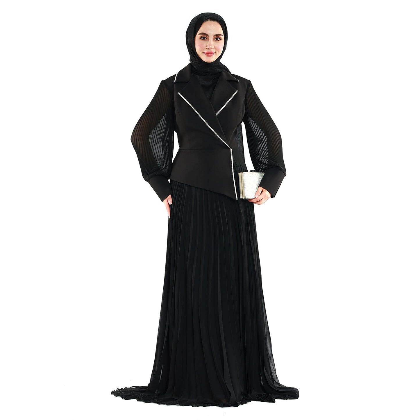 Blazer Style Pleated Maxi Dress With Rhinestone Trim