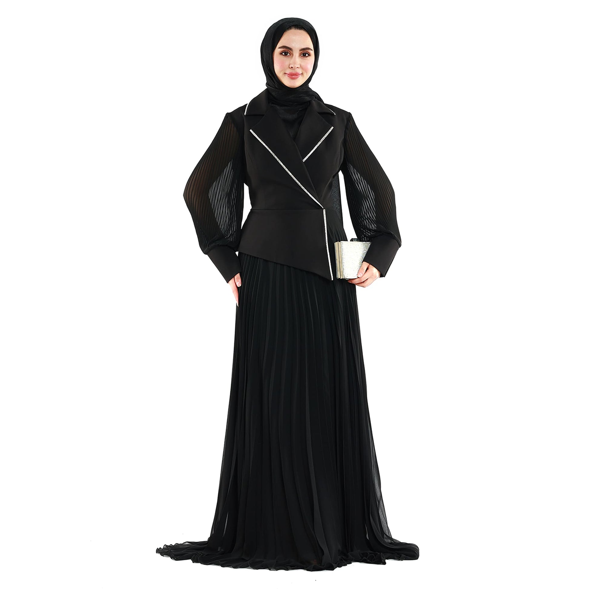 Blazer Style Pleated Maxi Dress With Rhinestone Trim