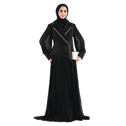 Blazer Style Pleated Maxi Dress With Rhinestone Trim
