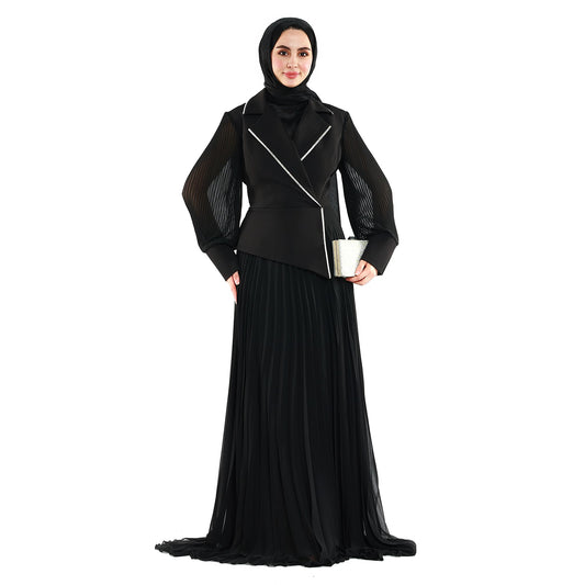 Blazer Style Pleated Maxi Dress With Rhinestone Trim