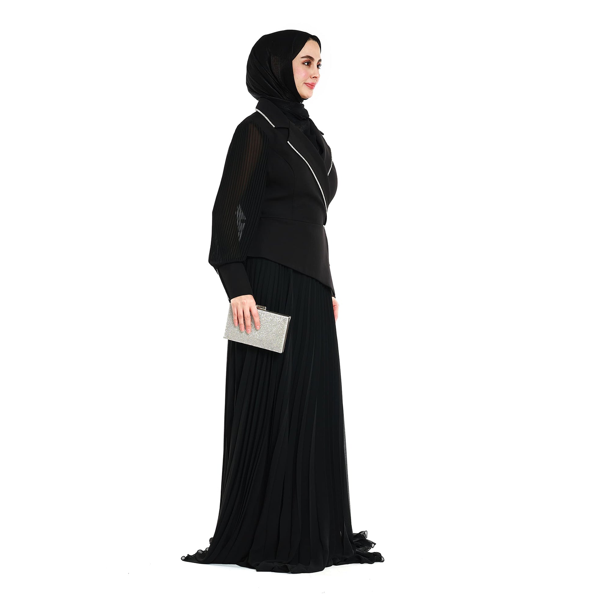 Blazer Style Pleated Maxi Dress With Rhinestone Trim