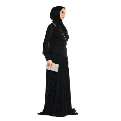 Blazer Style Pleated Maxi Dress With Rhinestone Trim